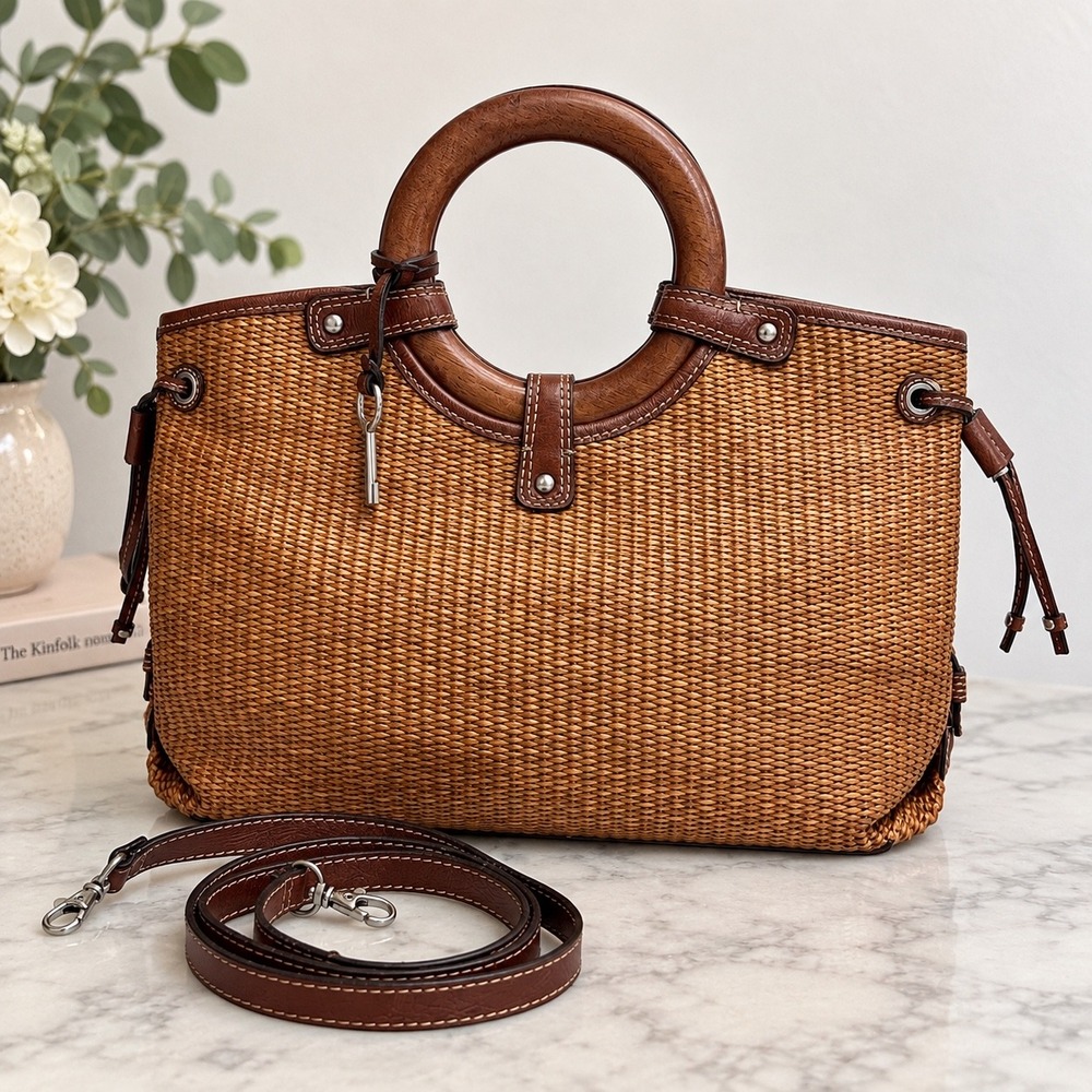 Fossil Straw Leather Satchel Bag Wood Handles Brown Woven Crossbody 1954 Classic